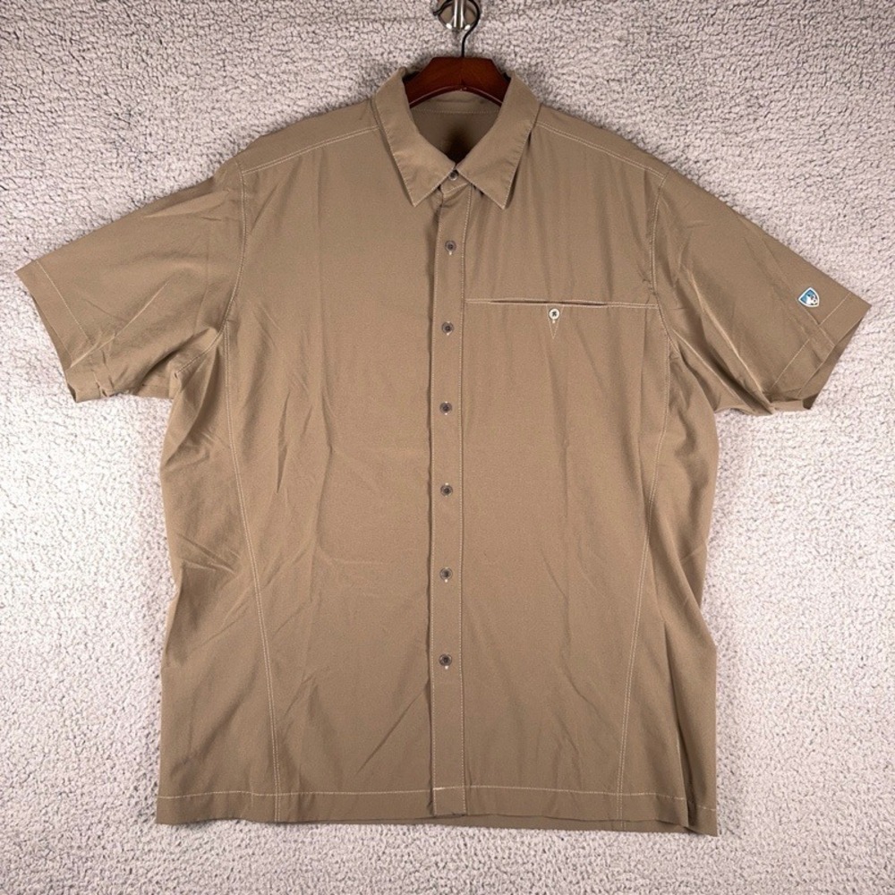 Kuhl Short Sleeve Button Up Shirt Mens Large Khaki Lightweight Hiking Travel